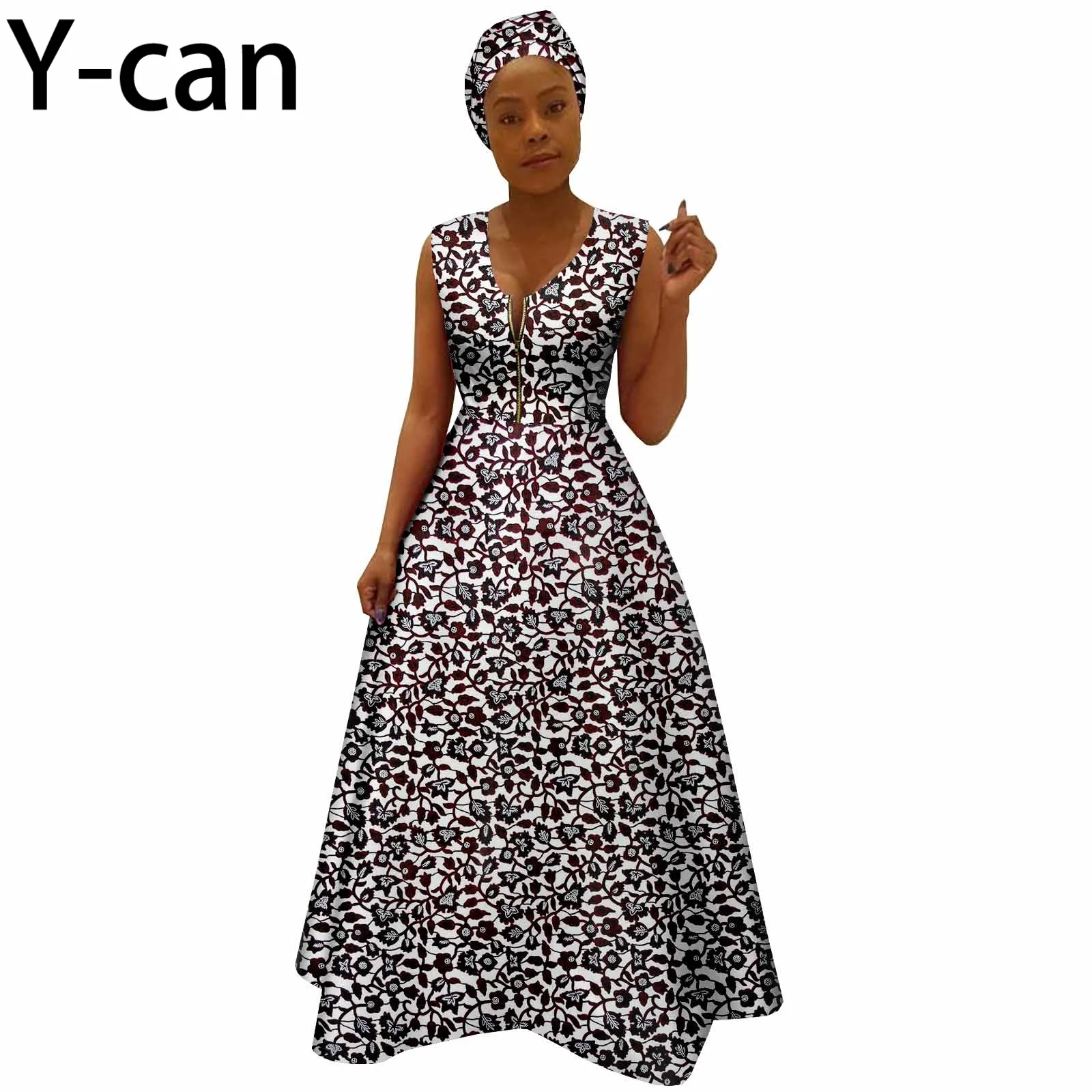 Afrykańskie sukienki dla kobiet Sexy Vintage Summer V-neck Dashiki Print Sleeveless with Headwrap Bazin Riche Party Vestidos Y 2225019