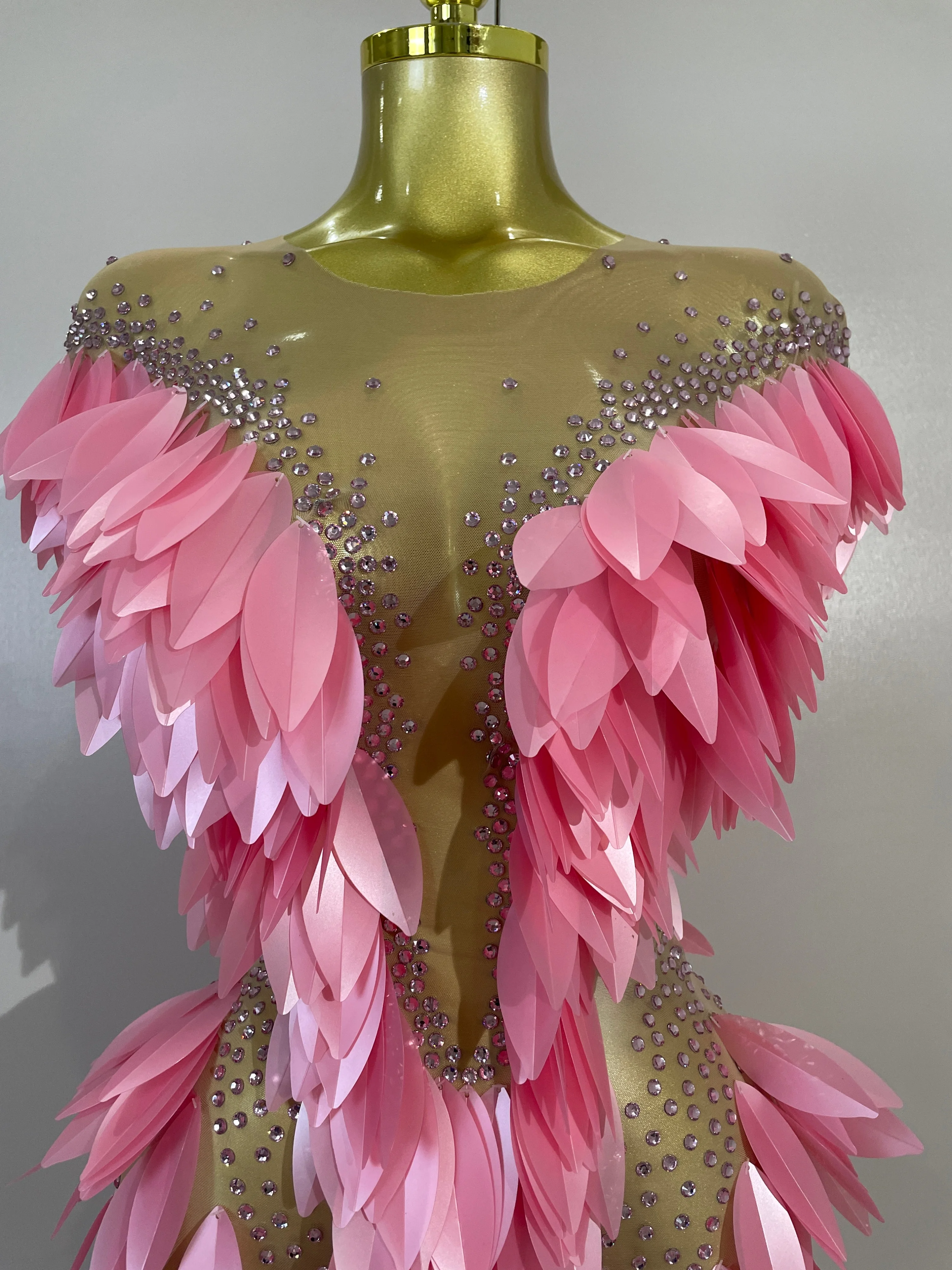 Women Pink Leaf Mesh Stretch Mini Dress Sparkly Diamond Evening Party Birthday Wedding Gown PhotoShoot Sexy Nightclub Stage Wear