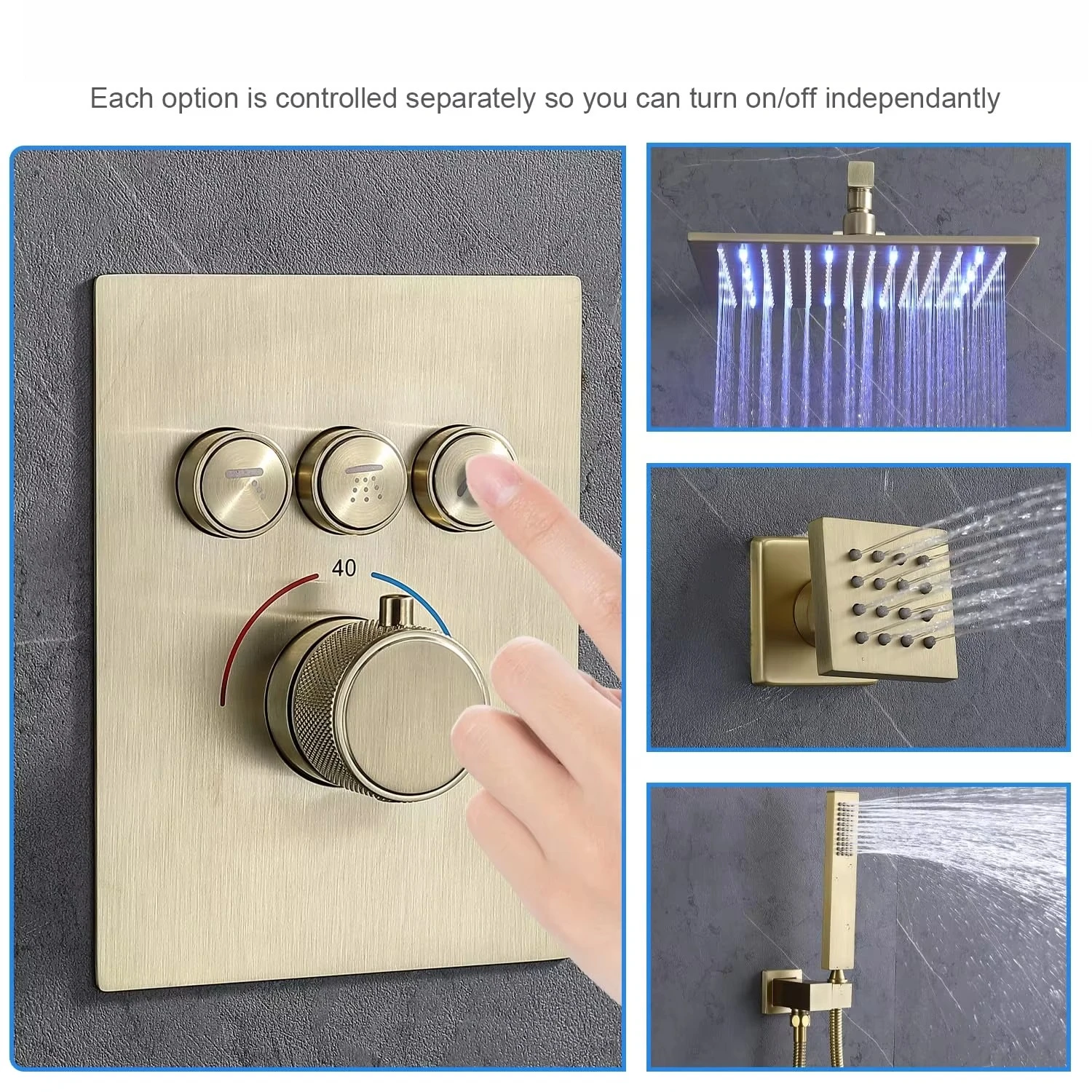 Regenduschsystem aus gebürstetem Gold, 12-Zoll-Decken-Regenduschkopf mit Körperdüsen, thermostatisches modernes Dusch-Kombi-Set