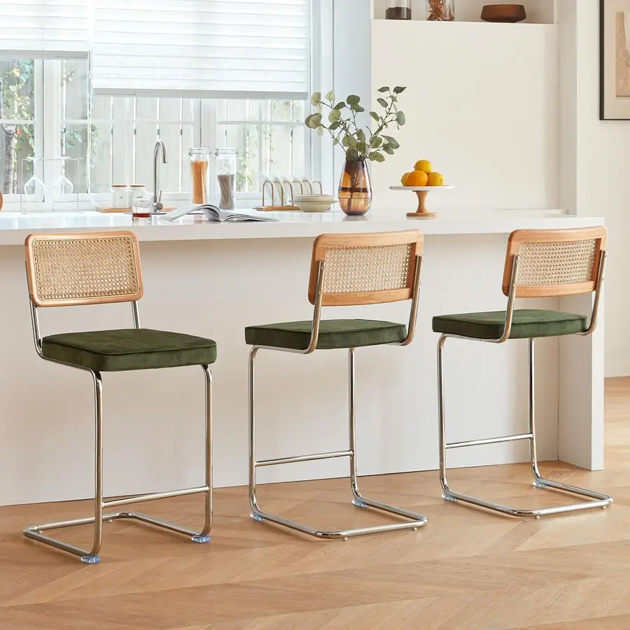 Rattan Bar Stools Set of 3 with Solid Wood Back, 24 Inch Mid Century Modern Counter Height Stools, Green Upholstery Boho Stool