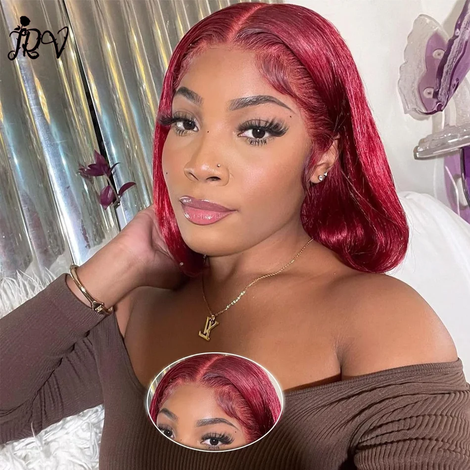 

99J Burgundy Lace Front Wigs Human Hair,Wine Red Short Straight Bob Wig 13x4 HD Pre Pucked Per Cut Closure Wigs For Black Woman