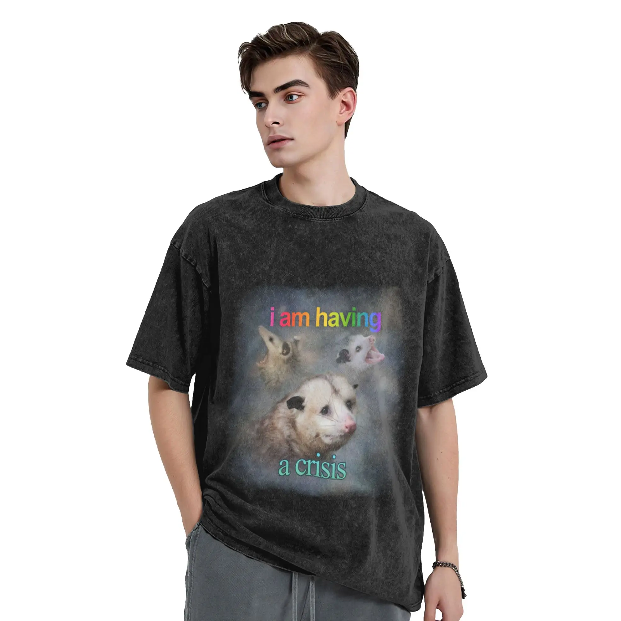I am having a crisis possum word art Classic Trendy A Washed T Shirt Men's Women's Oversized Cotton Tees Tops