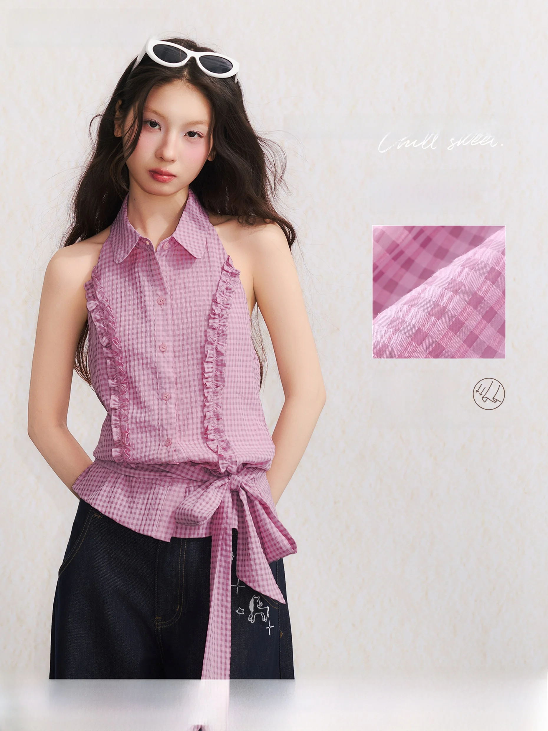 

Umoumo Summer Korean Style Collared Belted Neck Hanging Vest with Bow Tie Slimming Top Women's Regular Fit H-Shape Backless