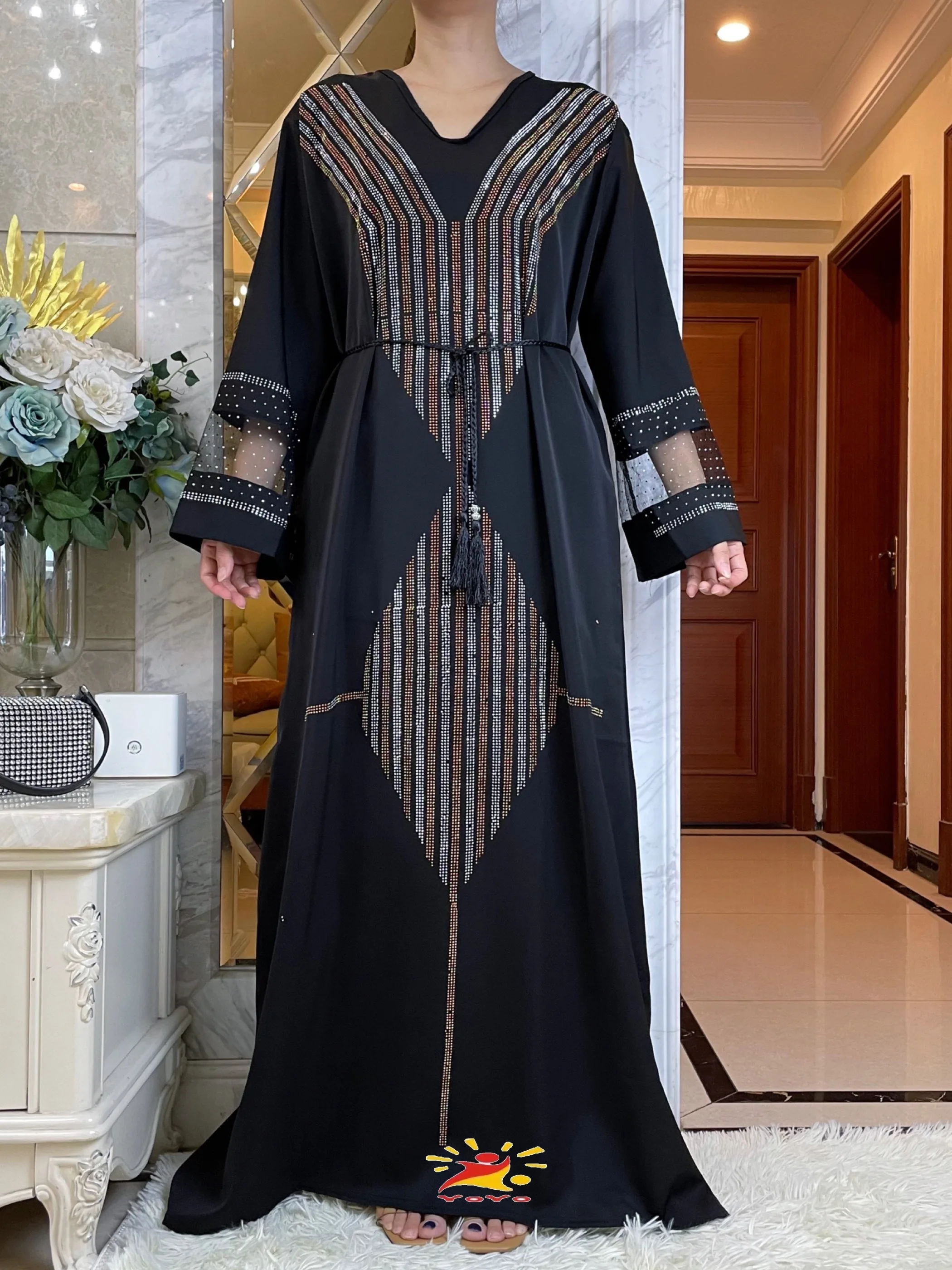 2023 Autumn Abaya Muslim Woman Long Sleeve Dress Ramadan Prayer Diamonds Kaftan Arabic Islamic  Chiffon Clothing Moroccan Caftan