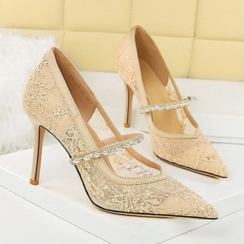 

Elegant Embroidery Lace Mesh High Heels Women Shoes Formal Prom Wedding Party Pointed Toe Luxury Rhinestones Strap Ladies Pumps