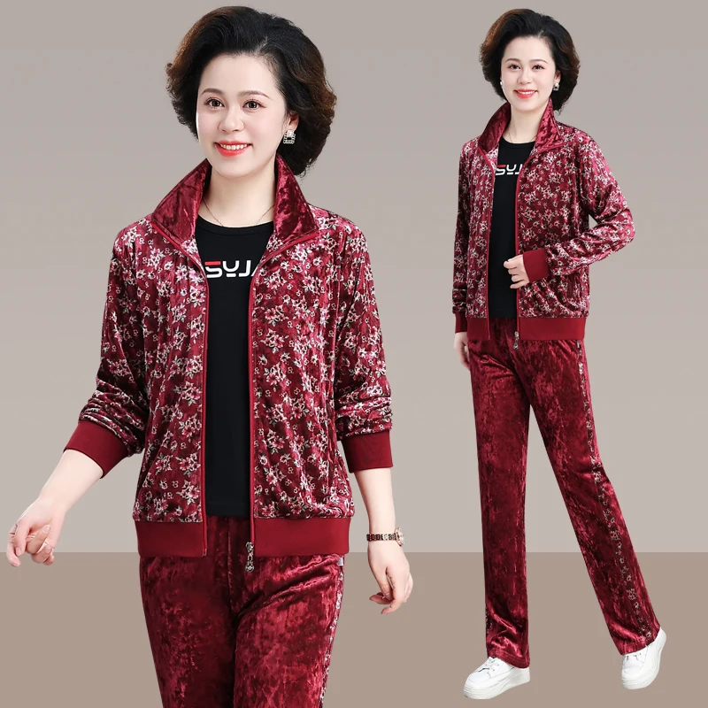 

Весенний модный спортивный костюм из велбоа для женщин: комплект из двух предметов для среднего и старшего возраста (топ и брюки)