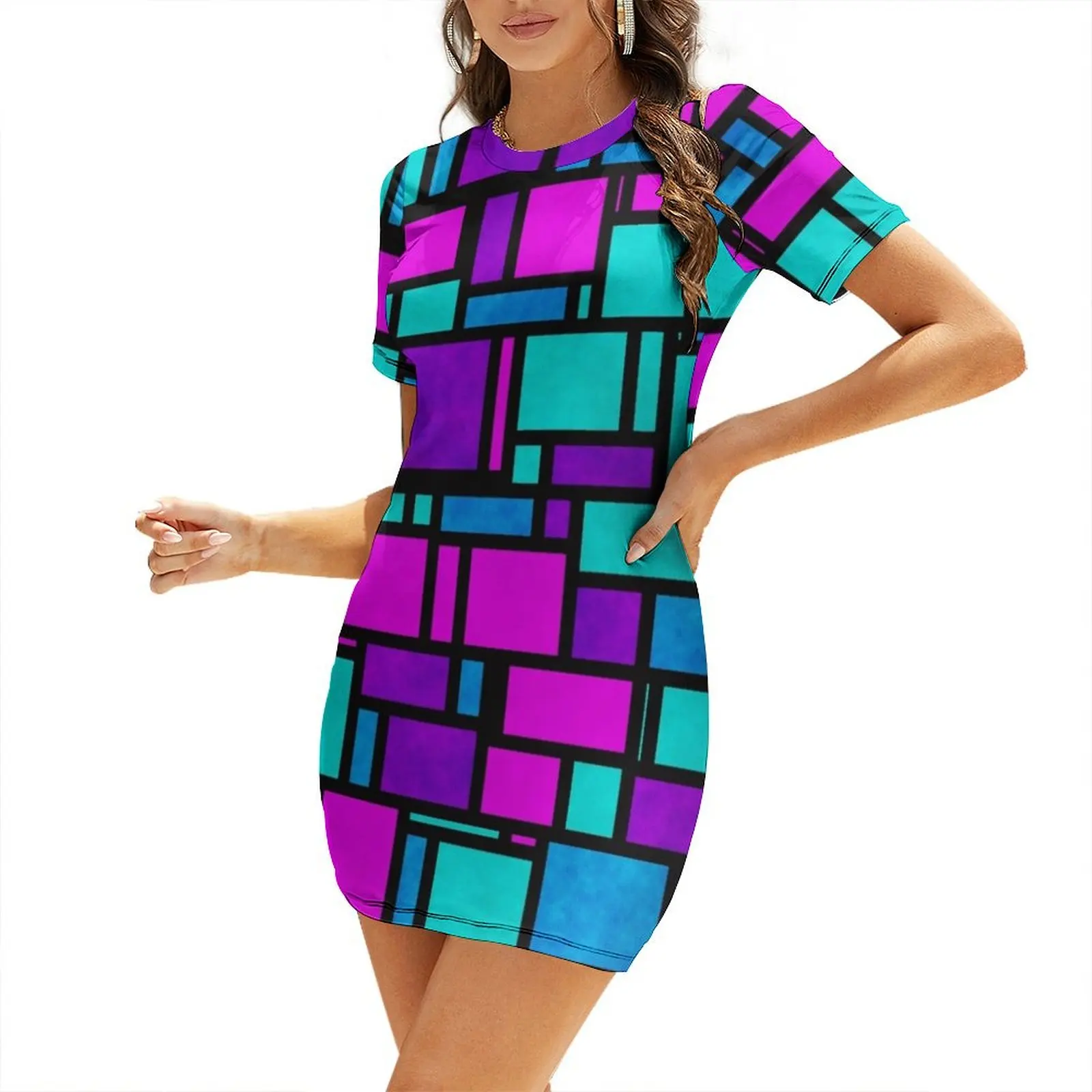

Jewel Tone Mondrian Short-Sleeved Dress ceremony dresses sexy dress birthday dress summer women's suit