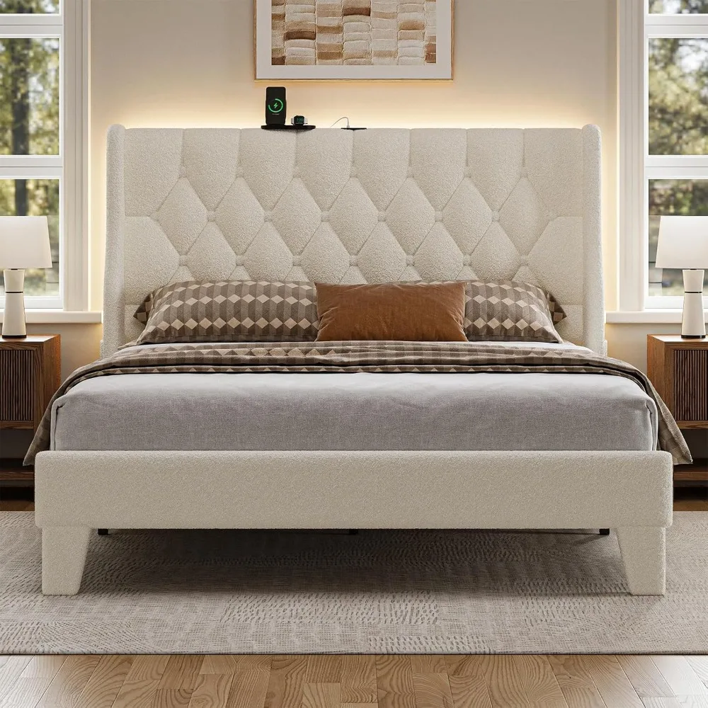 Queen Size Bed Frame White Platform Bed Frame with Type-C and USB Ports Wingback Bedframe with Headboard and Storage