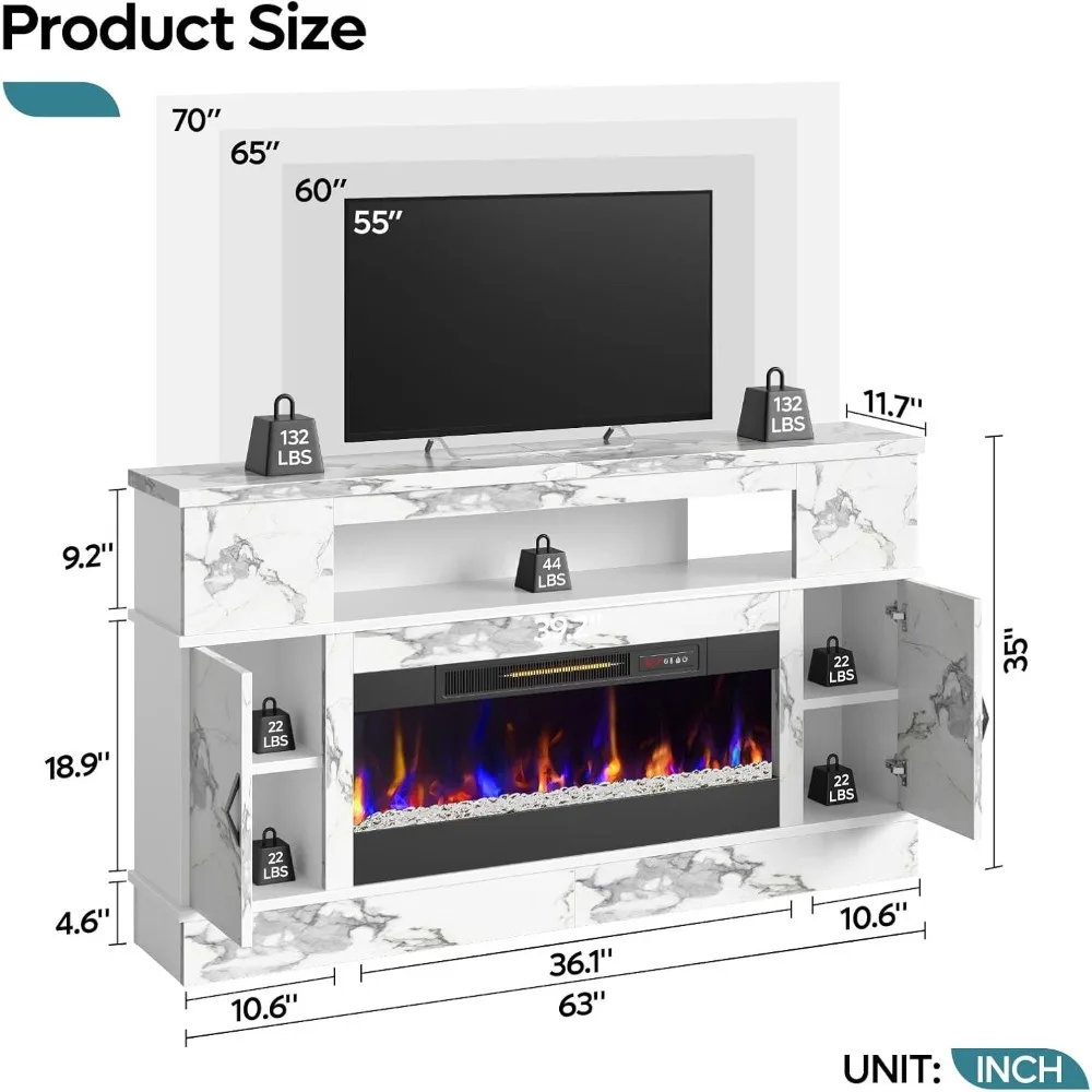 حامل تلفزيون Bestier 63 طويل القامة LED لأجهزة التلفاز حتى 70، وحدة تحكم حديثة لمركز الترفيه مع 36 مدفأة كهربائية، تلفزيون ألعاب #5