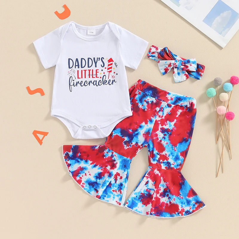 

2024-03-19 Lioraitiin 0-18M Newborn Baby Girls 4th of July Outfits Short Sleeve Romper+Tie-dye Flare Pants+Headband Set Clothes