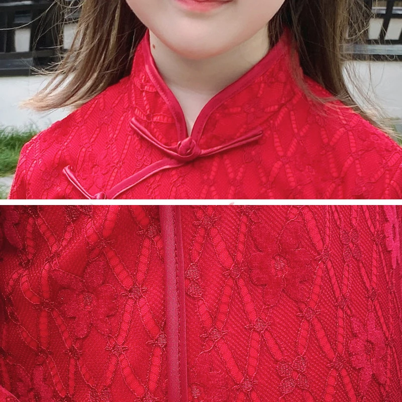 Robe traditionnelle chinoise pour filles, Cheongsam Vintage, tenue de princesse Hanfu à manches longues, tenue du nouvel an, rouge, automne 2021