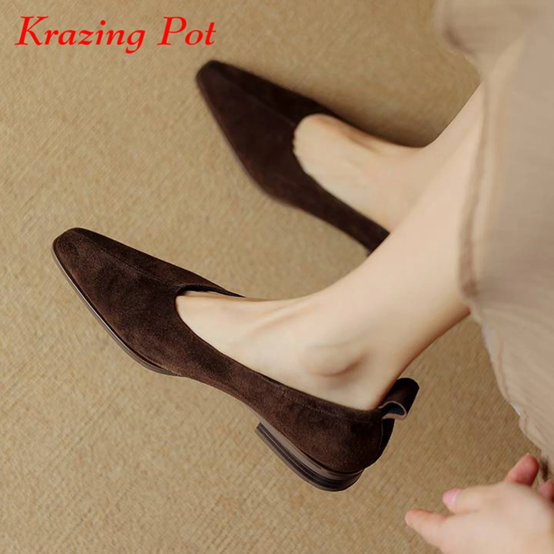 Krazing Pot Sheep Suede Low Heels Spring Brand Shoes Slip On square Toe Street Wear Elegant shallow Women Pumps