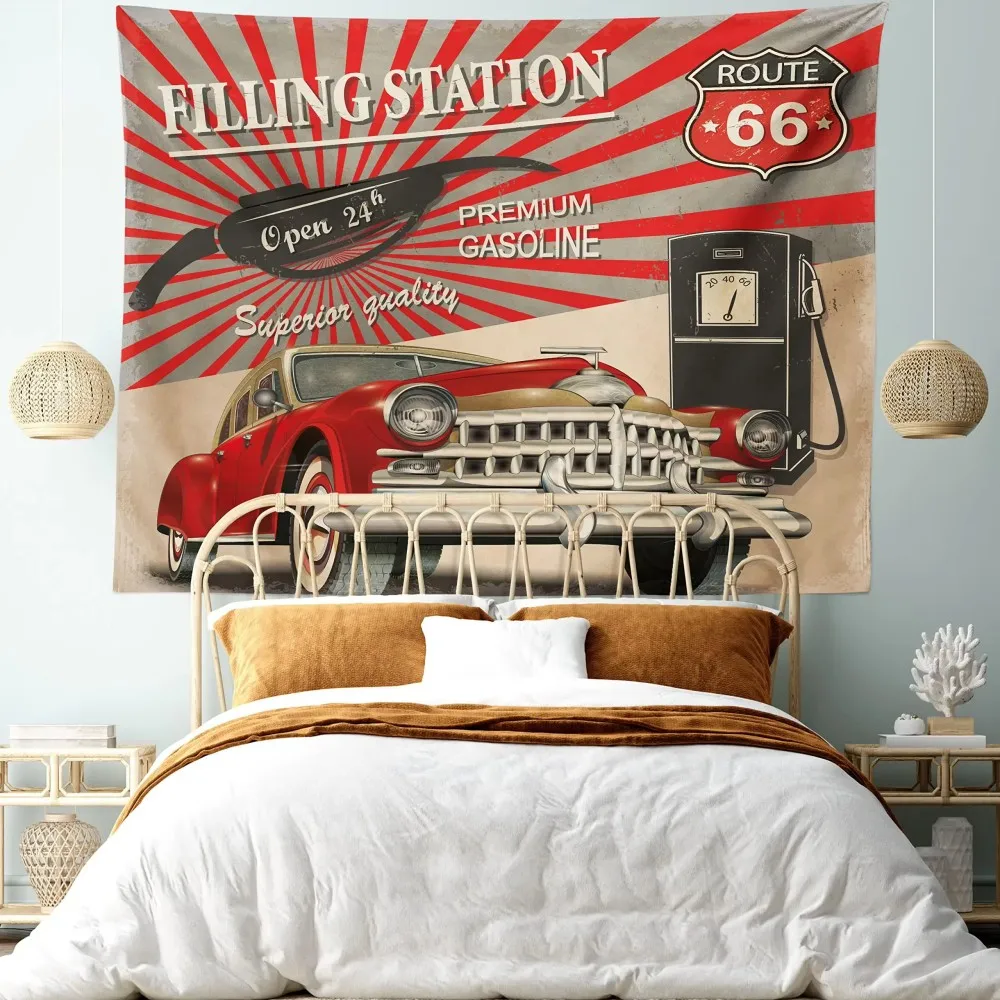 VIKAMA American Vintage Tapestry: Classic Classic Car and Route 66 Pin-up Girl Wall Art for Bedrooms and Living Rooms