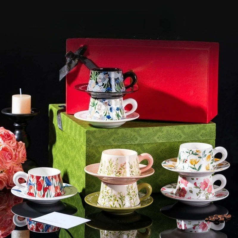 Light Luxury Iris Ceramic Coffee Cup Saucer Set Exquisite Gift Box Wedding Favors High Appearance Water Mug For Home