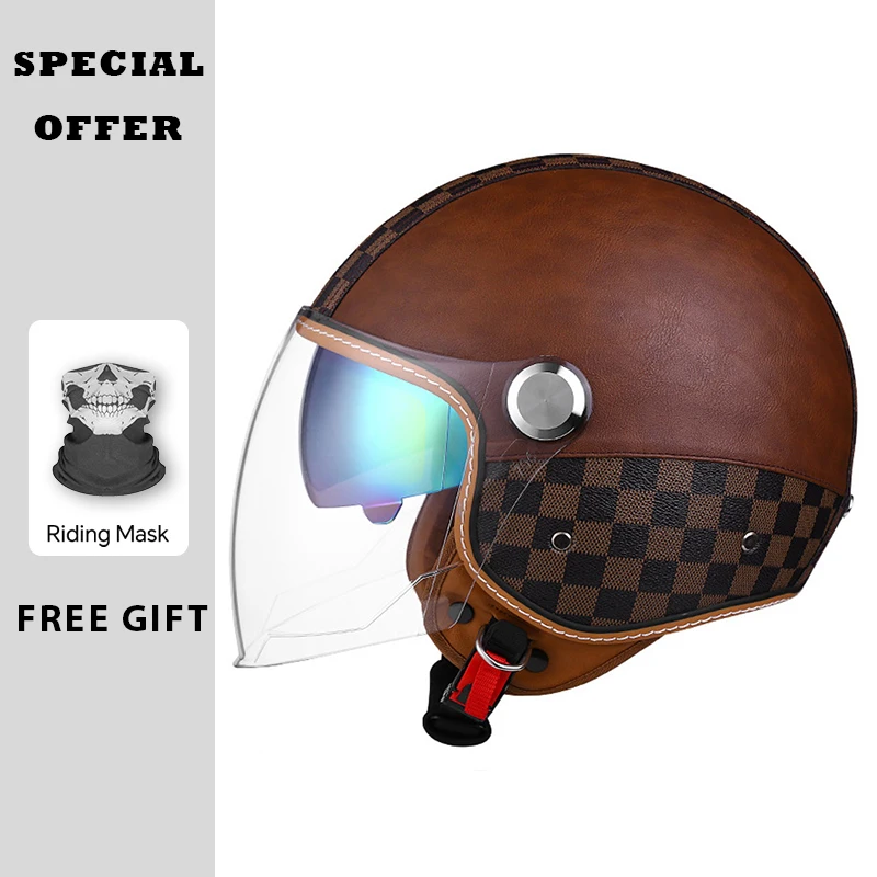 

Brown Grid Leather Motorcycle Helmets Daul Lens DOT Men Women Retro Vintage Open Half Helmet Safety Jet Moto Helm Double Visor
