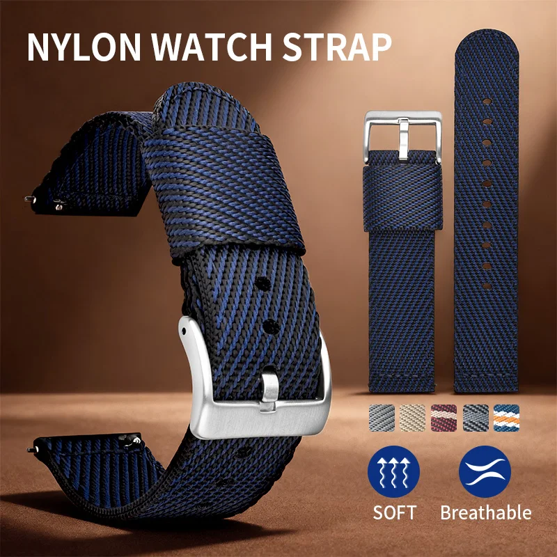 Diagonal Striped Woven Nylon Watch Strap 18/20/22/24mm Quick-Release Design with Metal Pin Buckle, Adjustable and Comfortable Universal Watch Strap
