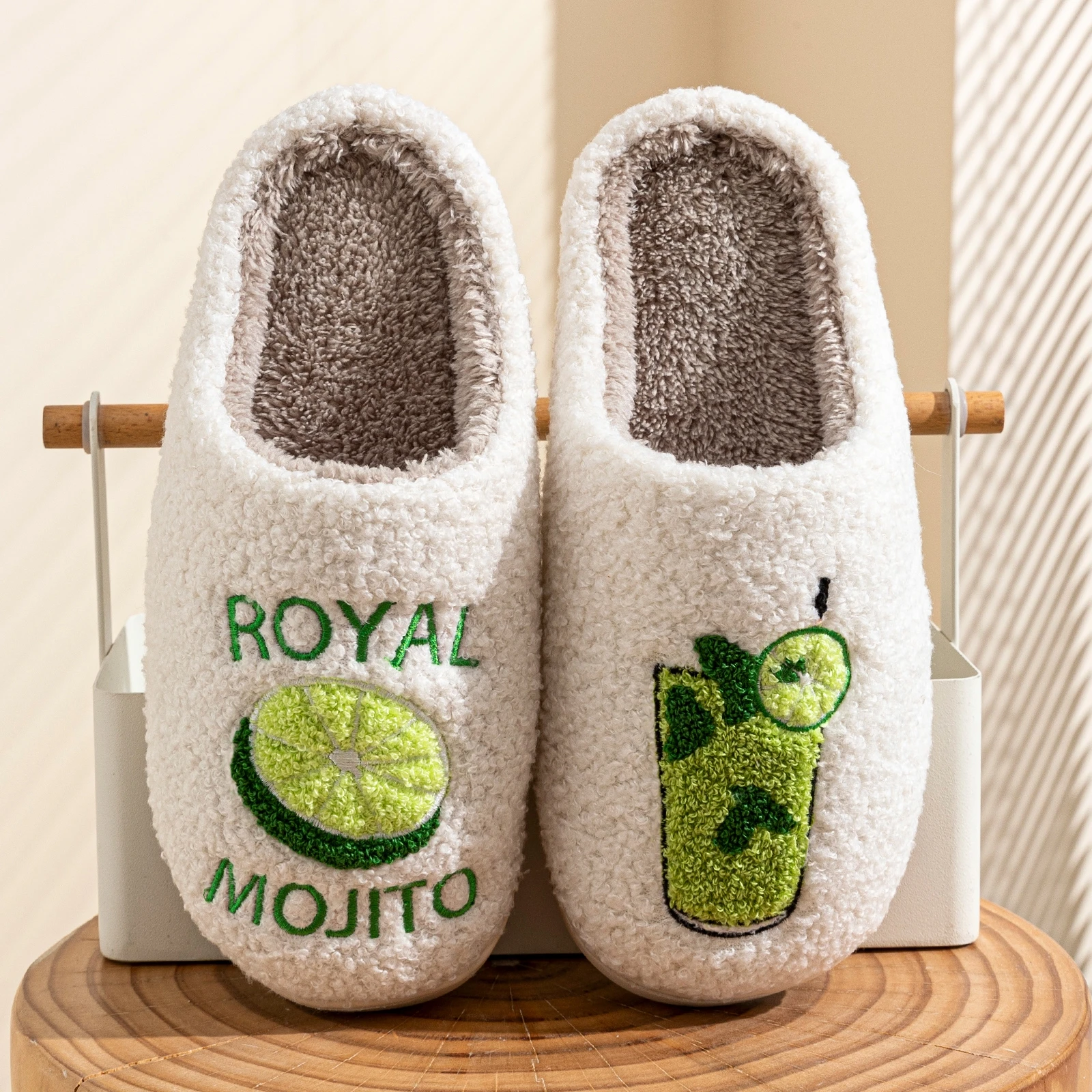 

Winter Home Women's Plush Slippers Cozy Warm Bachelorette Party Royal Mojito Pattern Casual Shoes Girl Mom Daughter Bedroom Gift