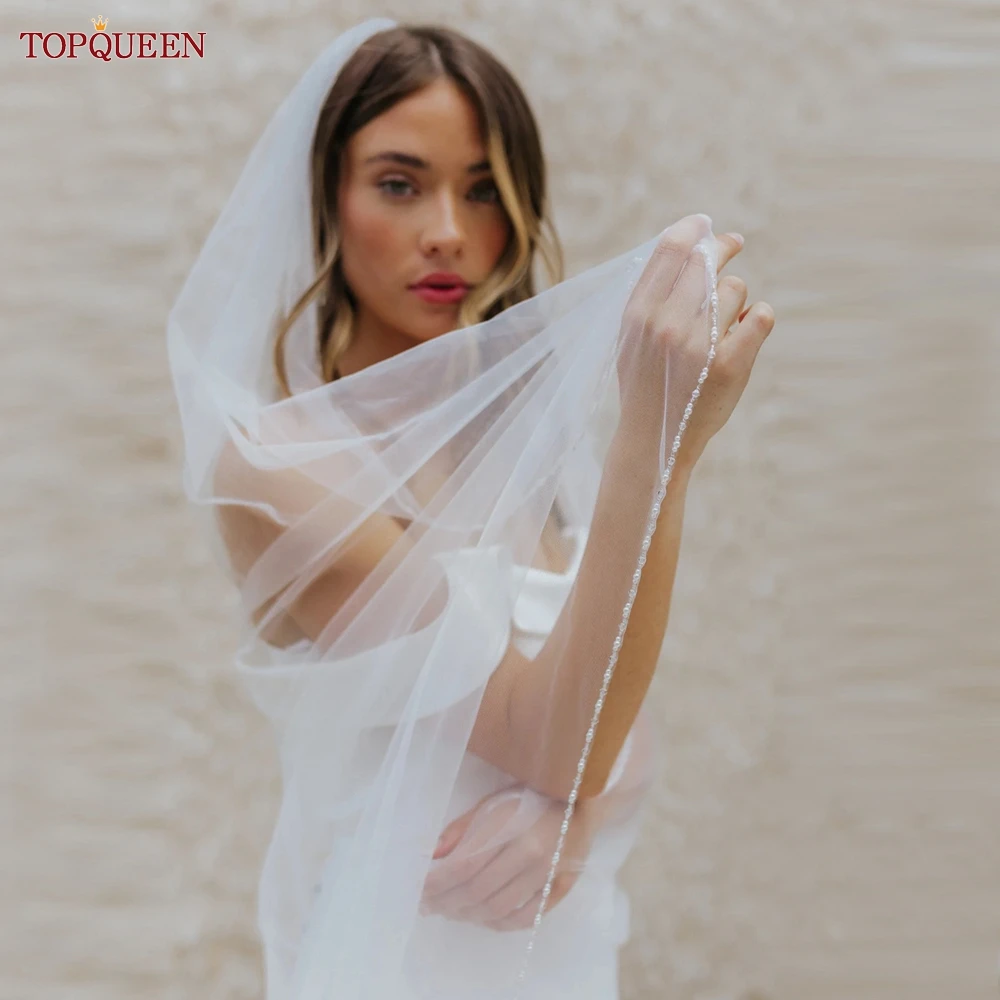 TOPQUEEN V107 Wedding Veils With Pearl And Beading Bridal Veils Wedding Crystal Beaded Veils Wedding Crystal Beaded Bling Short