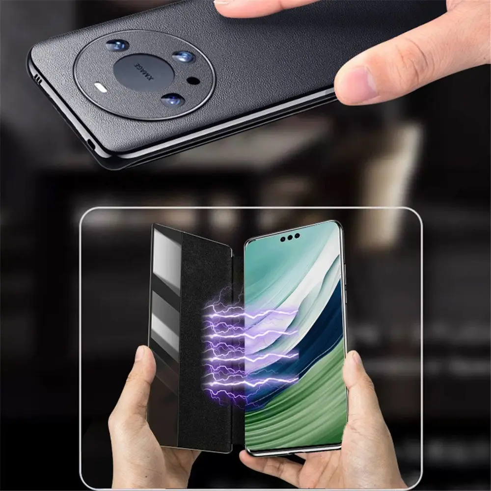 حافظة قلبة مغناطيسية لهاتف huow Mate60 Pro ، جلد البقر الفاخر ، غطاء حامل رؤية النافذة