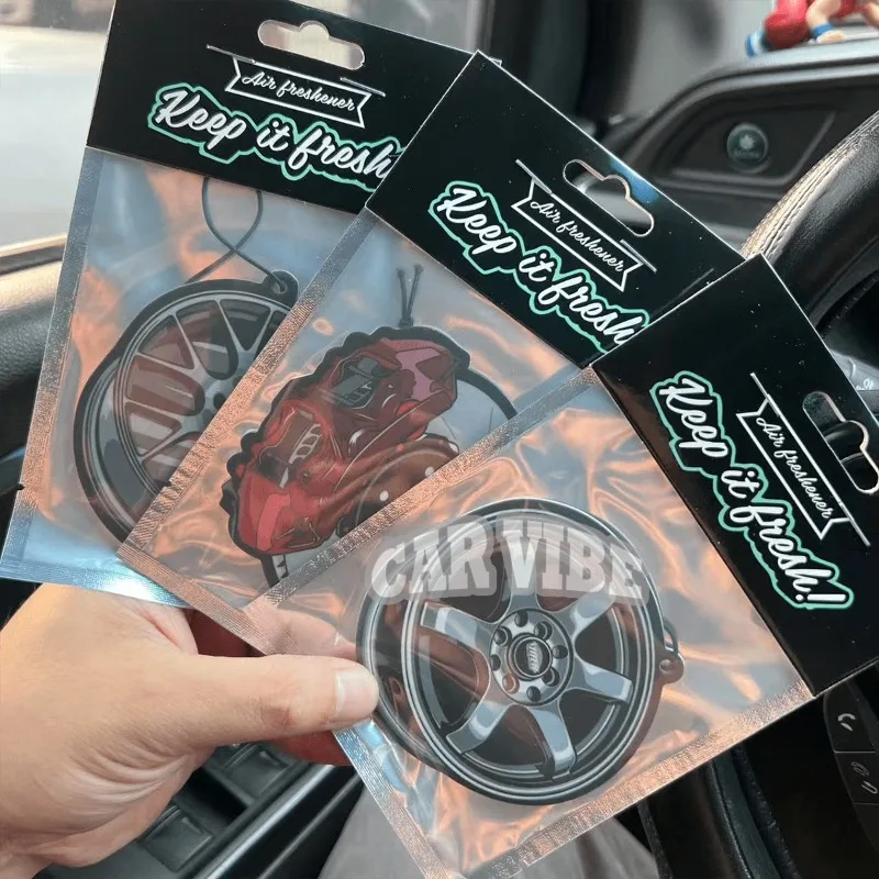 JDM Wheel Style Car Freshener Pendant — Mirror Scent Strip, Paper Set with Multiple Patterns, Cool Car Decor, Gift for Friends