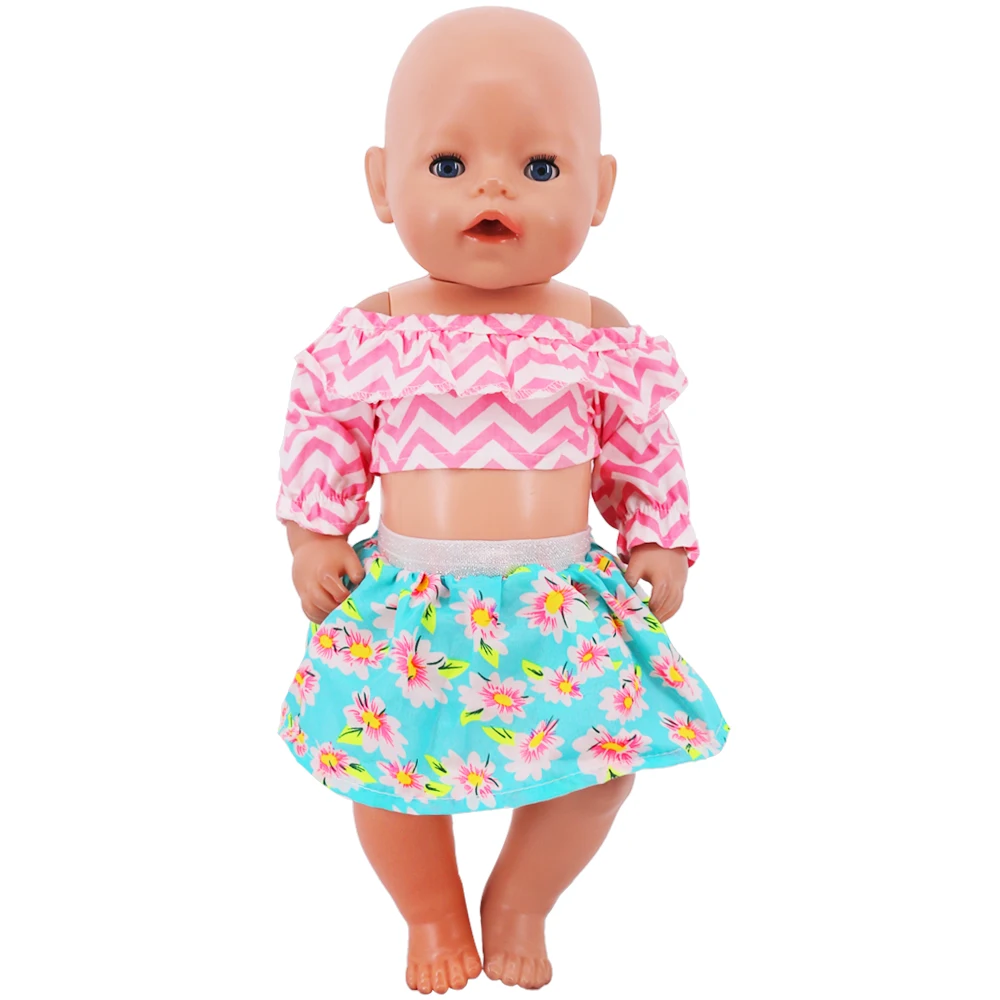 For 43Cm Baby Reborn Doll Clothes 18inch American Dress Accessories Cute Print T-shirt Pleated Skirt Baby Girl's OG Dolls Gifts