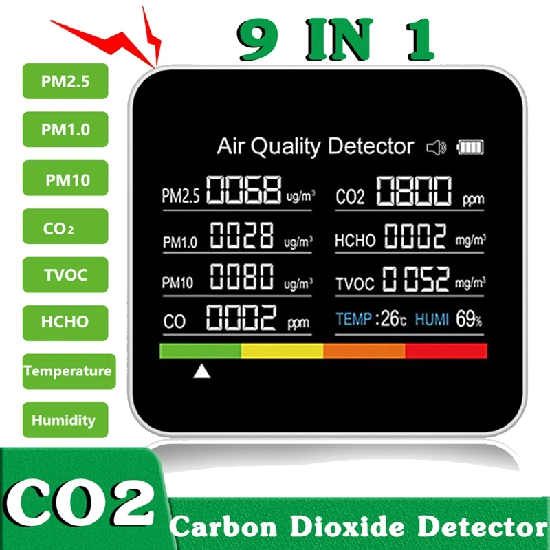 9 In1 Air Quality Monitor Meter Carbon Dioxide Detector TVOC HCHO PM2.5 PM1.0 PM10 Temperature Humidity Detection