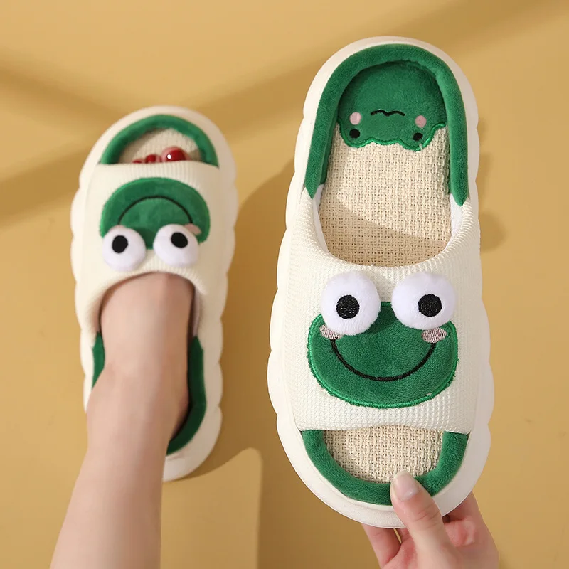 Cute Cartoon Bunny Cotton Linen Slippers Women Summer Breathable Platform Slides Floor Mute Slippers Kawaii Flip Flops