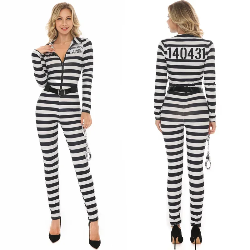 

Adult Sexy Striped Prisoners Jumpsuits Costumes Suit Cosplay For Women Halloween Game Stage Bar Police Costume Cosplay