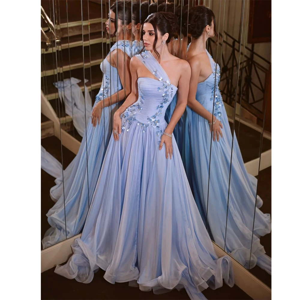 Casual Chic One-Shoulder Evening Dresses Appliques Sweep Train Chiffon Sleeveless Lace Up Carpet Dress Formal Long Gowns 2026