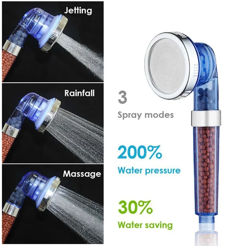 NEW Shower Bath Head Adjustable 3 Mode High Pressure Stone Stream Handheld Shower Head With Negative Ion Activated Ceramic Balls