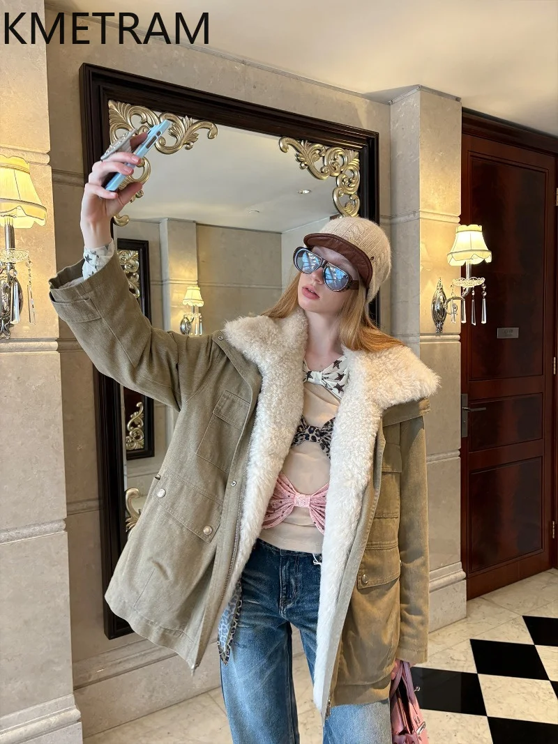 KMETRAM 90 White Goose Down Winter Jacket 2026 Vintage Detachable Sheep Fur Collar Women's Mid-Length Parka Coats Пальто Женское