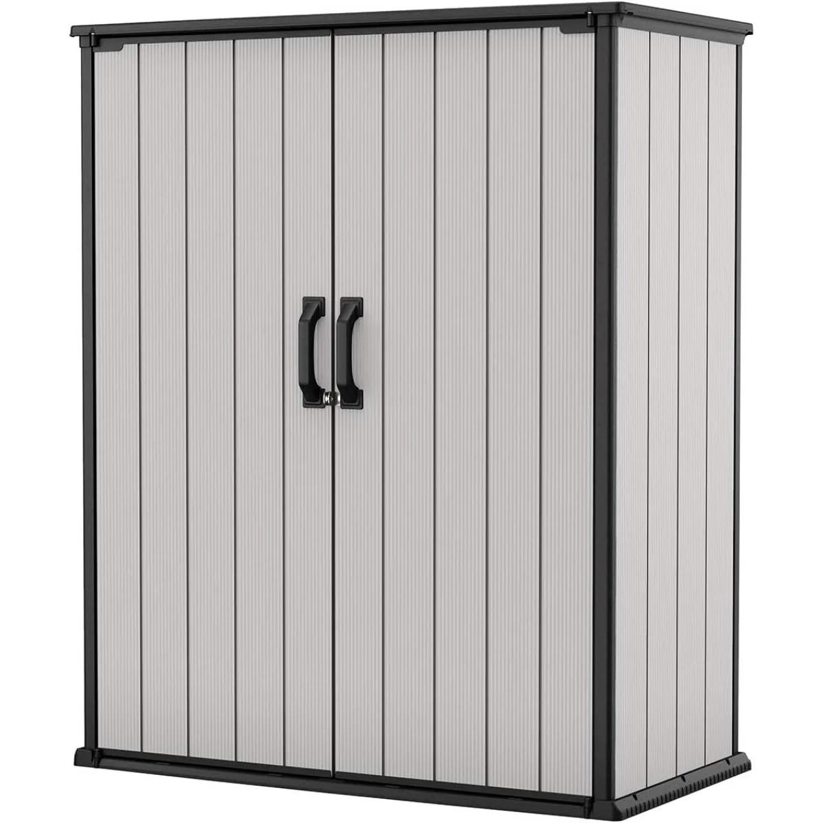 

4.6 x 5.6 ft. Resin Outdoor Storage Shed with Shelving Brackets for Patio Furniture, Pool Accessories, and Bikes, Grey & Black