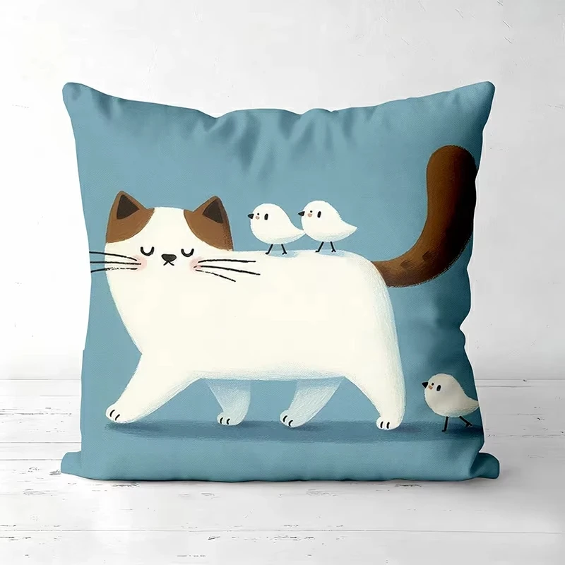 

1 шт. милая подушка с изображением кошки и птиц для домашнего декора, наволочка из полиэстера, декоративная подушка для дивана, подушка для изголовья кровати