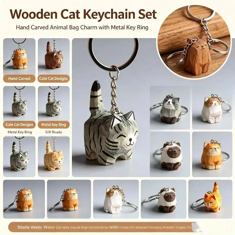 Handmade Wooden Carving Cat Keychain Creative Ginger Ragdoll Siamese Cat Cute Funny Pendant Unisex Keyring