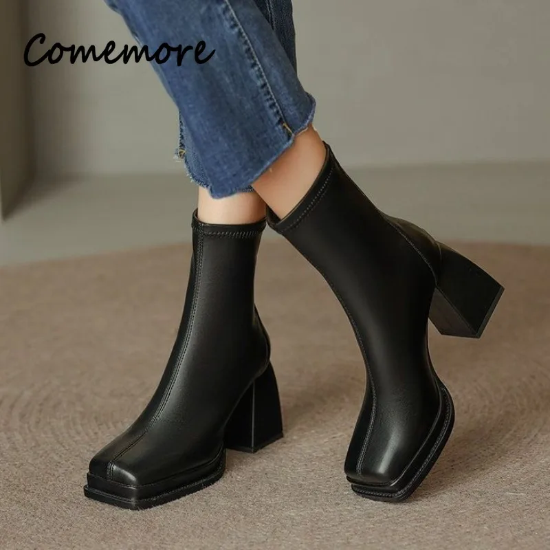 Comemore Women Fashion High Quality Leather Zippesr Shoes Ladies Elegant Short Botas chic demi-season Sexy High Heel Ankle Boots