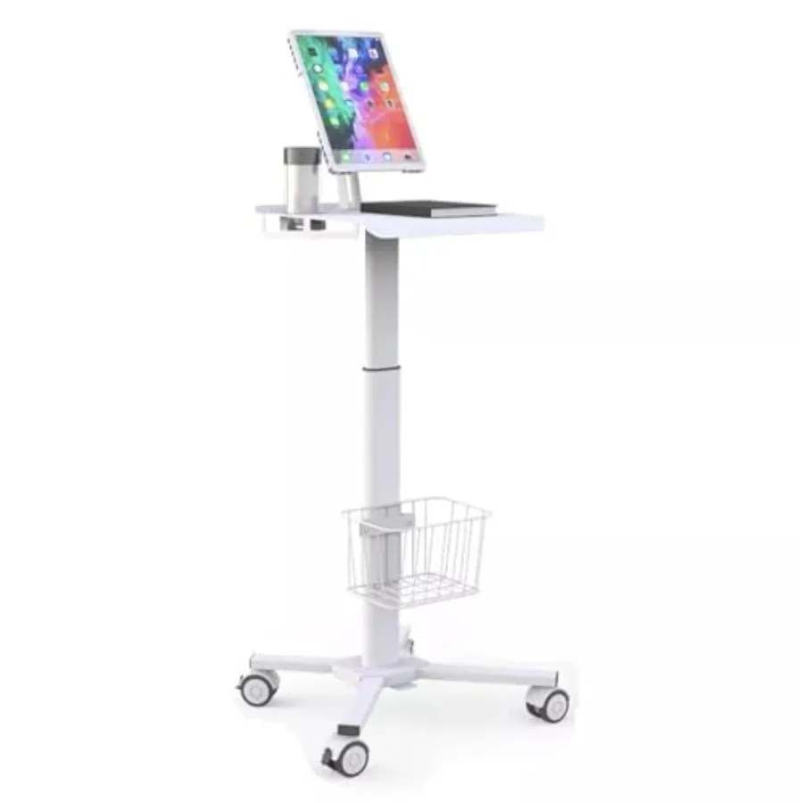 

Height Adjustable Mobile Medical Tablet Cart with Wheels and Tablet Enclosure Basket Storage Pneumatic Mobile iPad Workstation