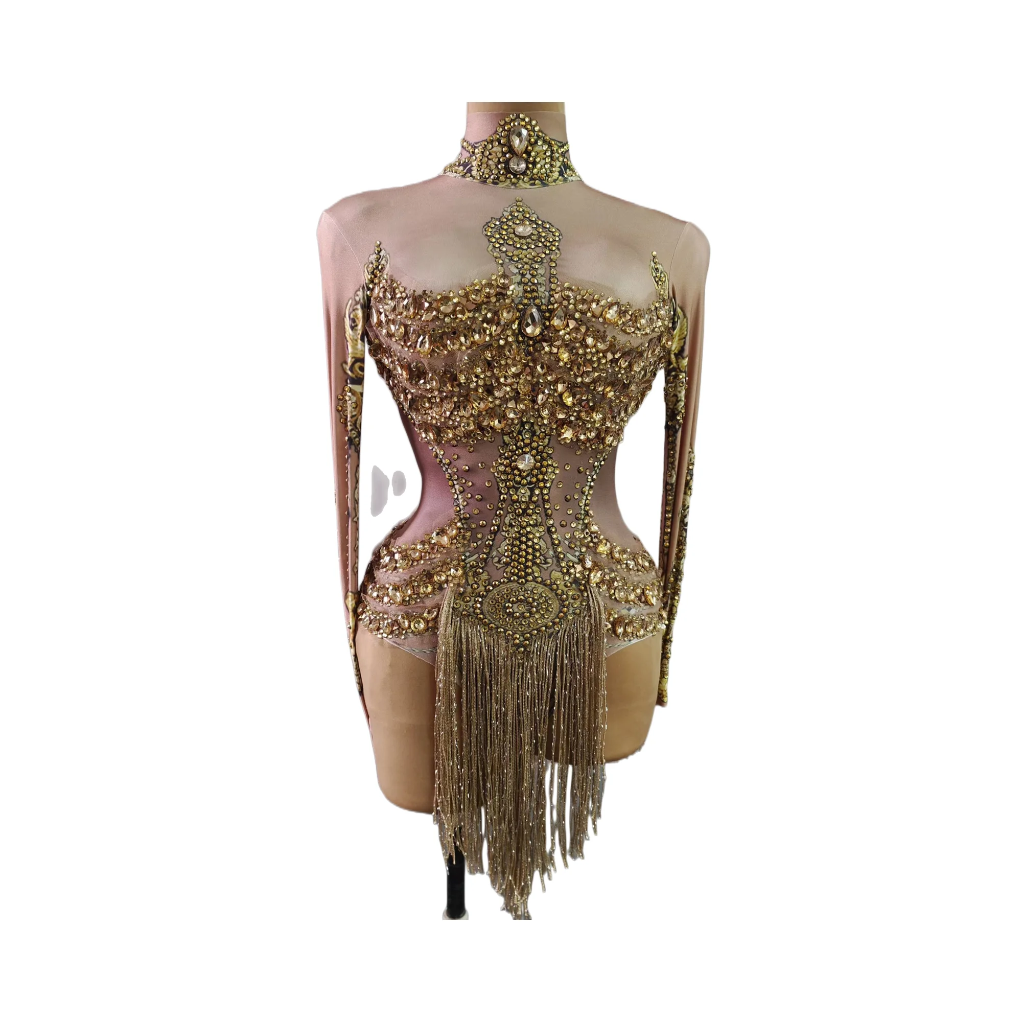 Sparkly Gold Rhinestones Fringe Leotard WomenBirthday Nightclub Party Outfit Sexy DanceBodysuit Performance Show Stage Wear B004