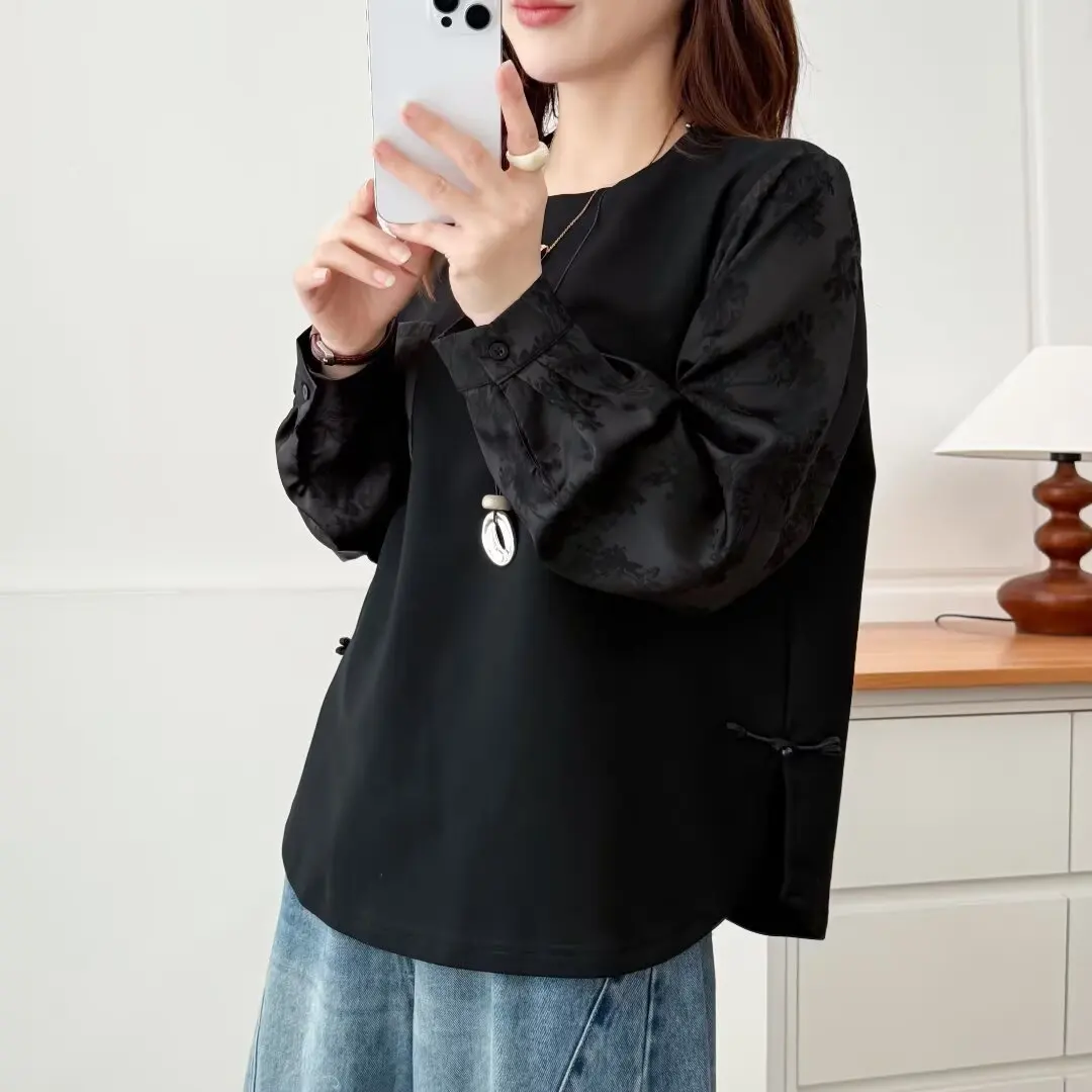 XXXXL 패션 플러스 사이즈 여성 티셔츠 2025 가을 신상 중국풍 새틴 패치워크 긴팔 상의 2566