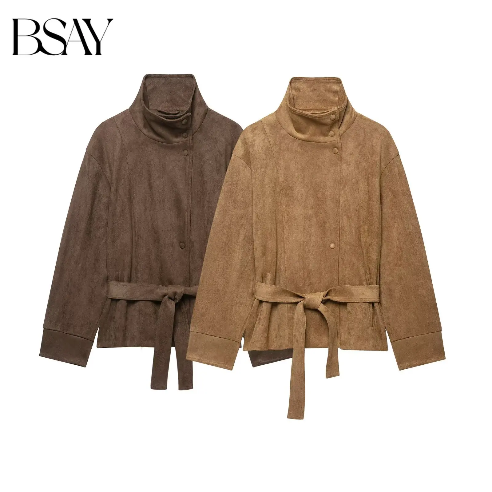 BSAY 2026 Women Boho Casual Faux Suede Belted Jacket Stand Collar Oblique Buttons Waist Tie Relaxed Long Sleeve Autumn Outerwear