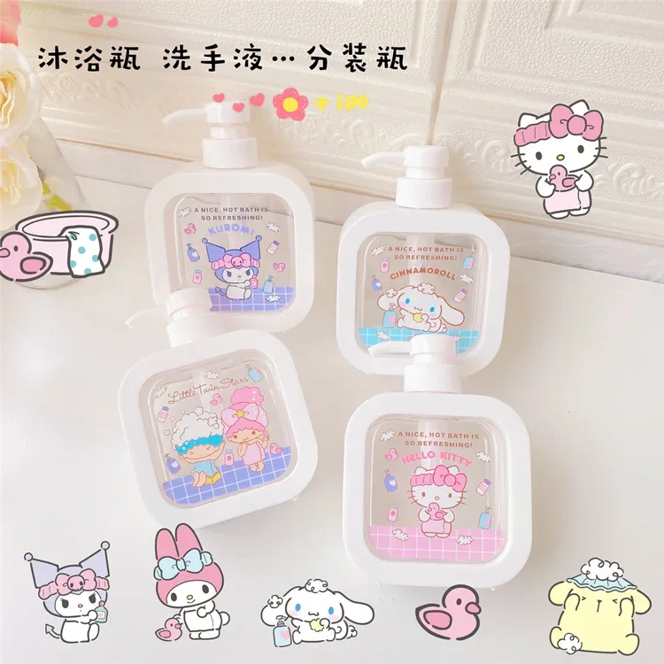 300ML Kawaii Sanrio Cinnamonroll Kuromi My Melody Travel Pump Bottle Cartoon Lotion Shampoo Shower Gel Soap Dispenser Gift