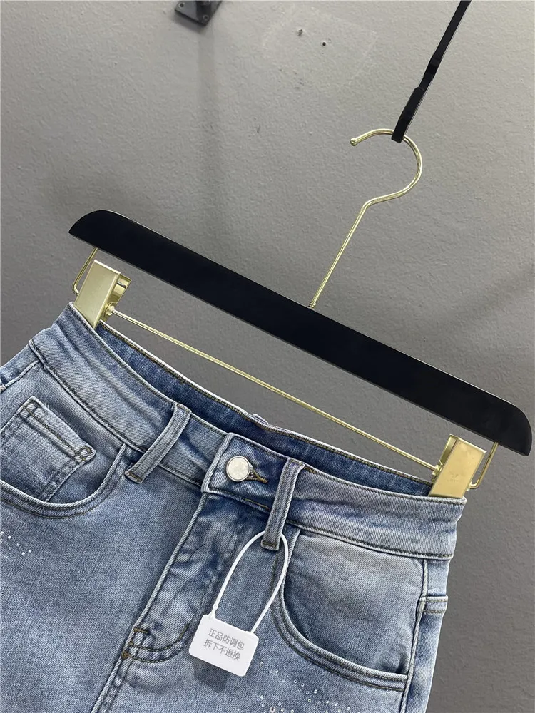 American Heavy Duty Rhinestone Denim  Skirt Women Slimming Sexy Bodycon A-Line Short Skirt Casual Cotton Polyester Blend
