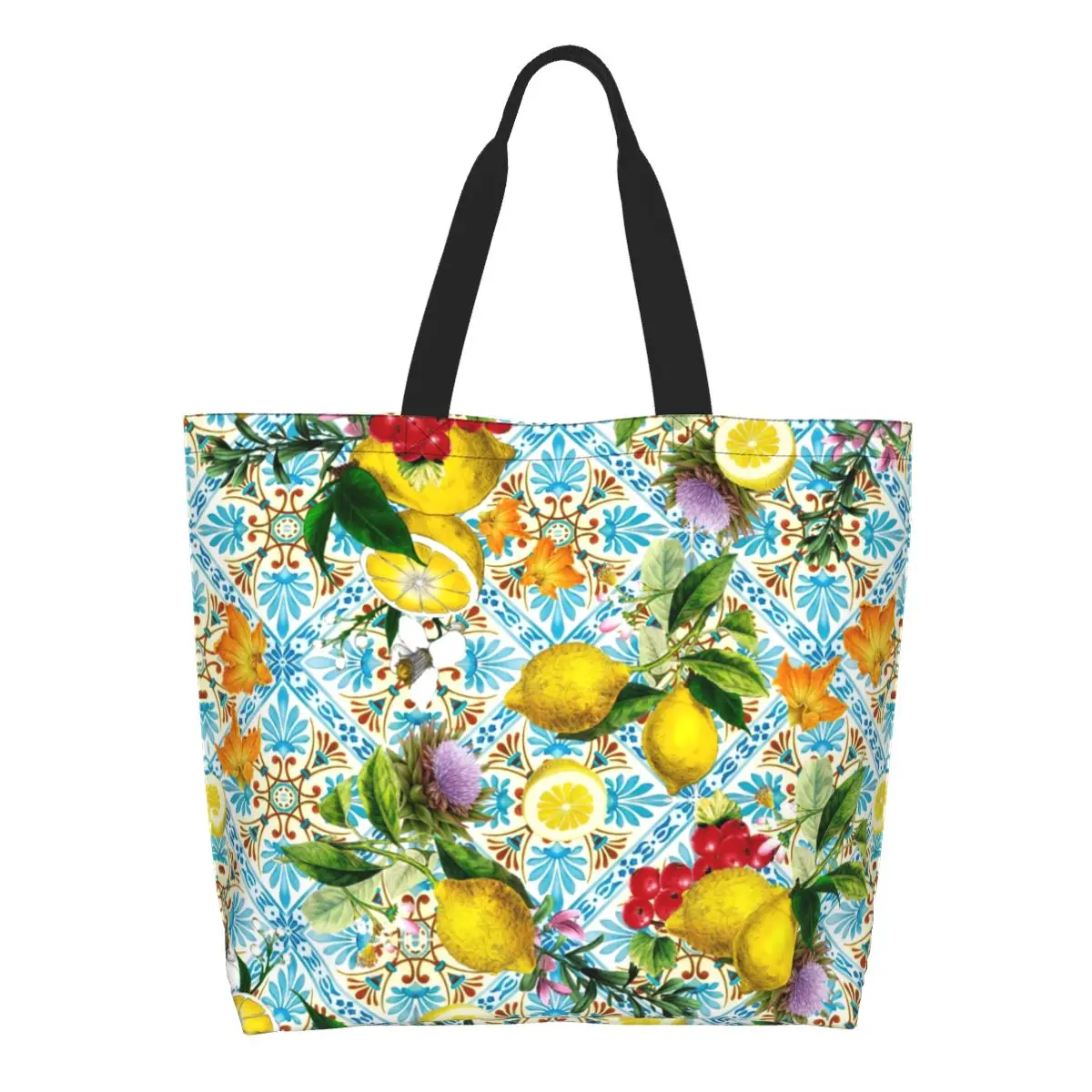 Custom Sicilian Lemons And Romantic Tiles Grocery Shopping Bags Canvas Shopper Tote Shoulder Bag Citrus Fruit Painting Handbag