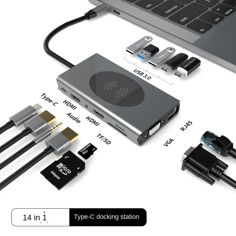 14-in-1 Type-C Docking Station Usb Hub Dual HDMI Wireless Charging Pc Computer Laptops for Xiaomi Lenovo Macbook 13 15 Air