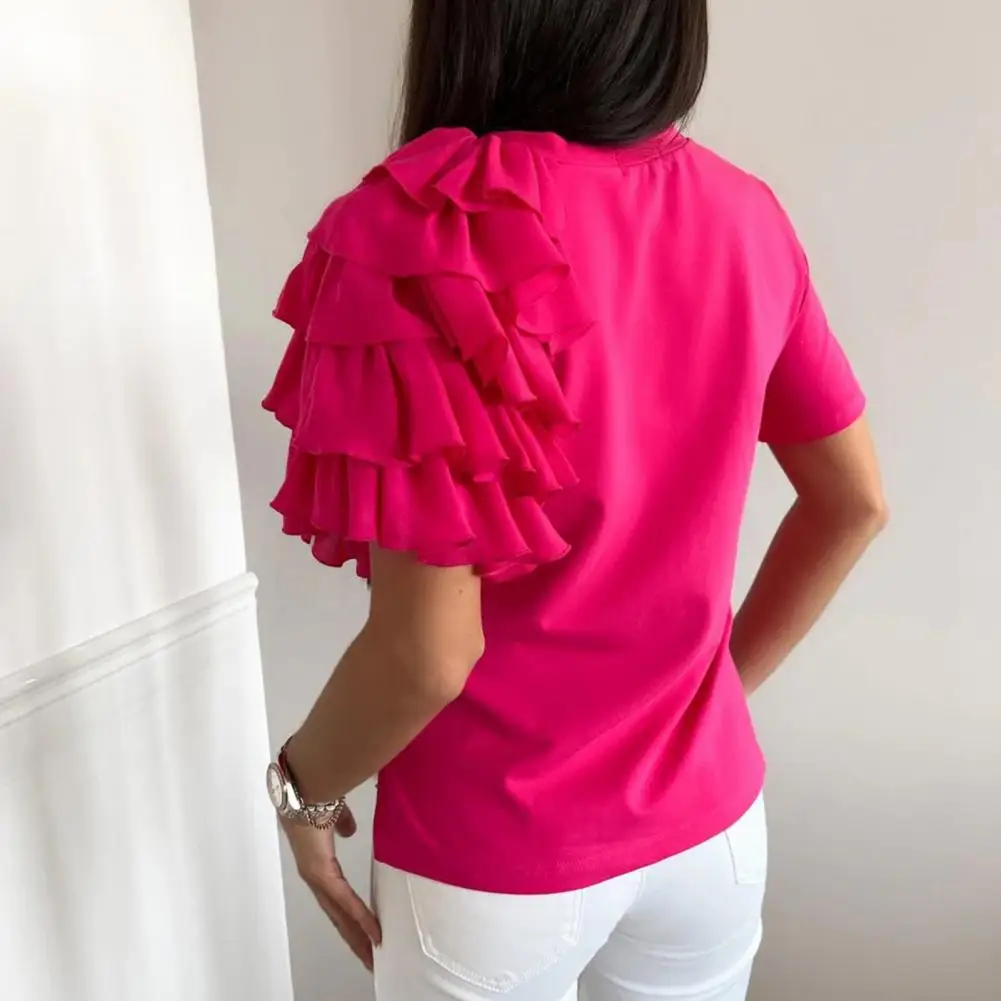 Asymmetric Loose T-shirt Top Summer Women Solid Color Layered Ruffles Summer Crew Neck Pleats T-shirt Lady Fashion Shirt Blouse