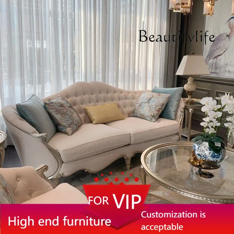 

UP American light luxury fabric three-person sofa combination European solid wood carving sofa French villa living room