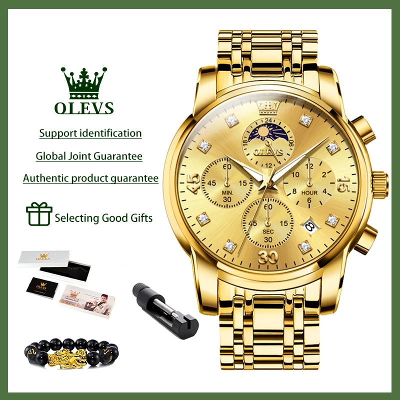 OLEVS relojes de lujo para hombre, reloj de cuarzo Original a la moda de negocios para hombre, cronógrafo luminoso resistente al agua con fase lunar y fecha 3652