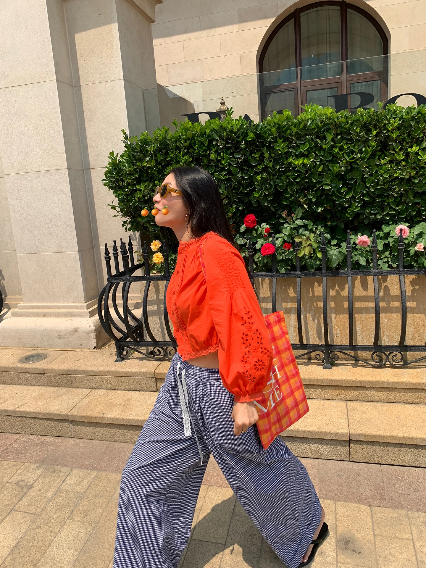 하이 웨이스트 와이드 레그 팬츠 여성 여름 얇은 격자 무늬 프린트 바지 벨트 루즈핏 한국 스타일 통근 패션 코튼