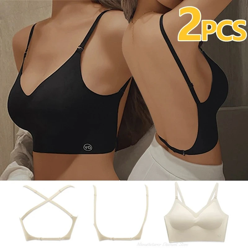 Women's Summer Sexy Backless Bra Seamless Deep U-shaped Plunge Underwear Triangle Cup Gathering Push Up Bra Sexy Lingerie Tops