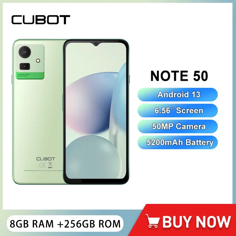 Cubot Note 50 Cheap 4G Smartphone Android Octa-Core 8GB+256GB Mobile Phone 6.56 Inch Display 50MP Camera 5200mAh Battery NFC