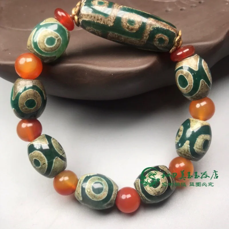 Tibet Old Agate Three-Eye Nine-Eye Buddha Beads Bracelet Bracelet Lucky Jewelry